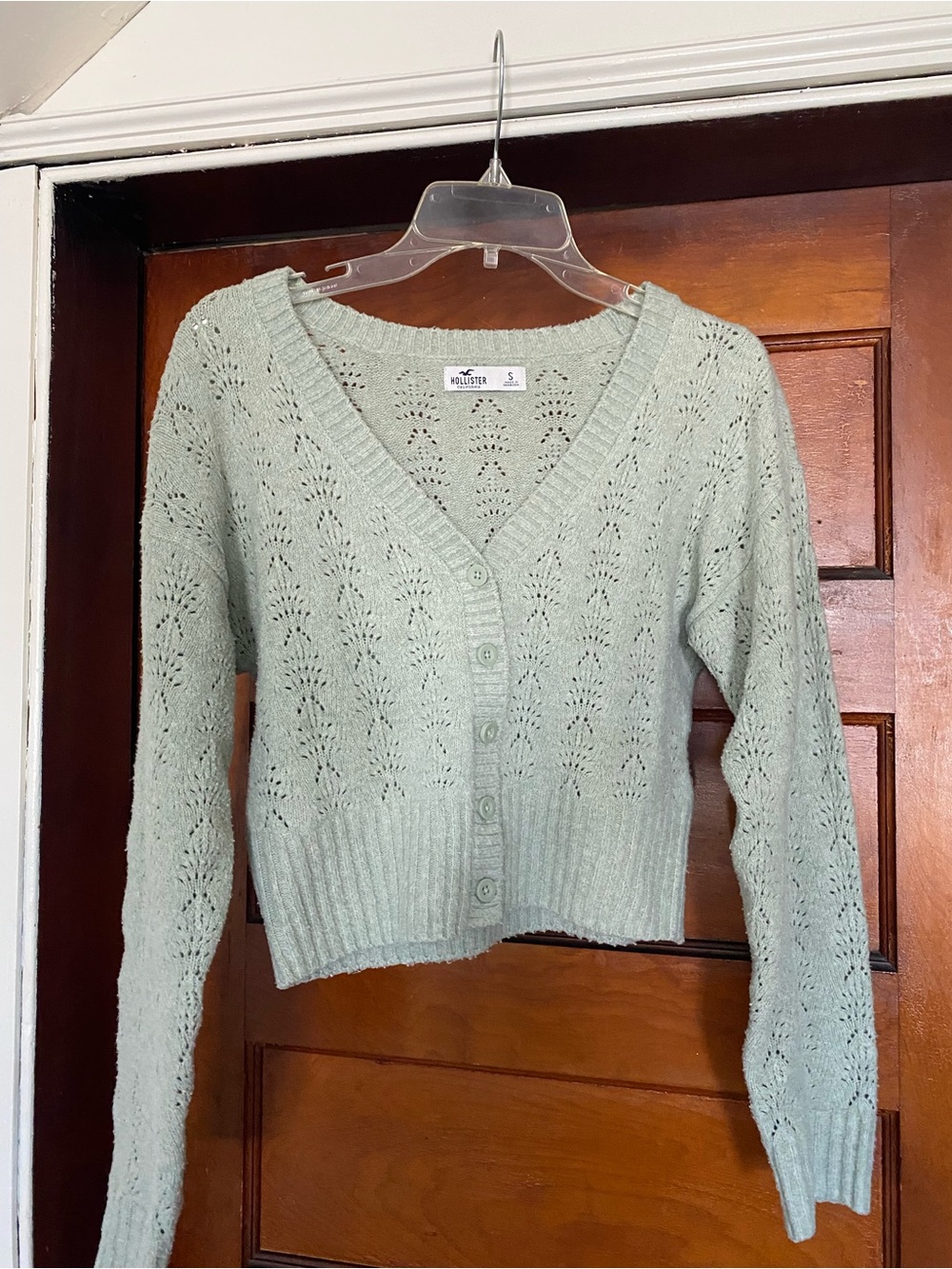Hollister Light Mint Open-Knit V-Neck Button Cardigan